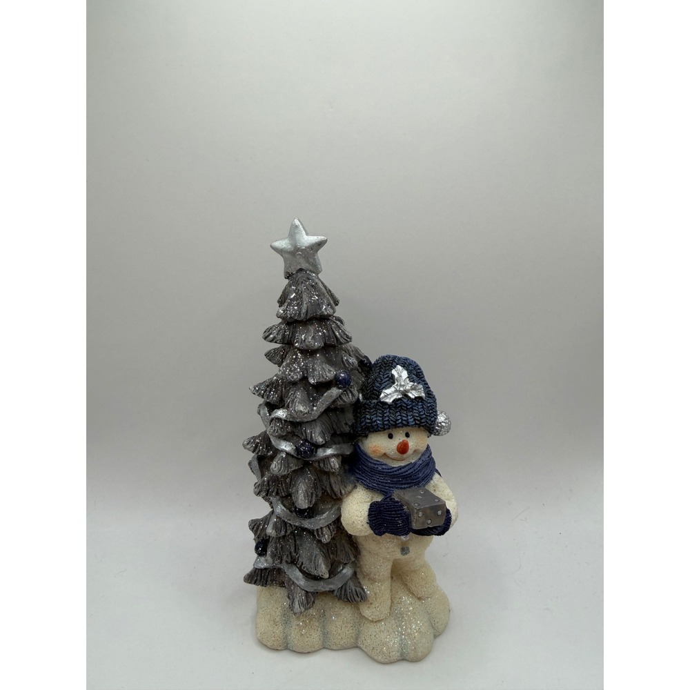 Home Interiors Snowman Figurine Christmas Tree Glitter Navy Silver Holiday Decor